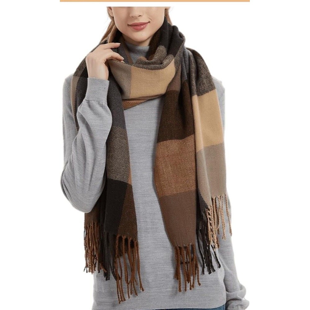 Wander Agio Women's Fashion Long Shawl Big Grid Winter Warm Scarf Brown Plaid